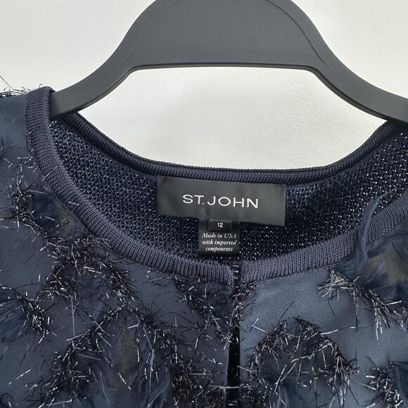 St John Evening Jacket 12 Navy Textured Fringe Cocktail Statement Luxury Blazer - Picture 6 of 13